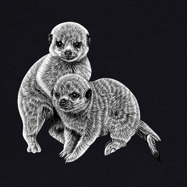 Baby meerkats - ink illustration by lorendowding